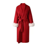 Elegant Office Lady Woolen Coat - long red as shown / S