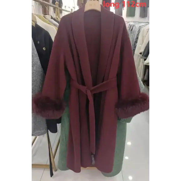 Elegant Office Lady Woolen Coat - long wine red / S