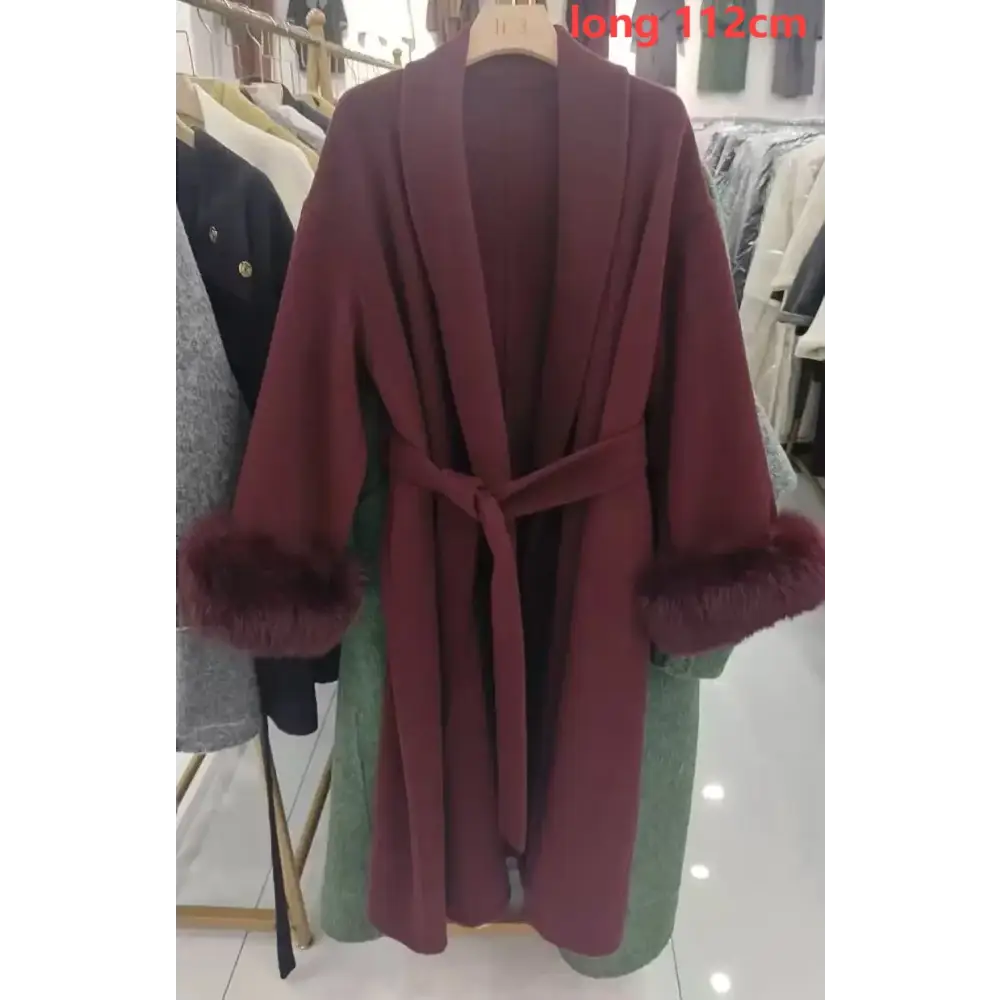 Elegant Office Lady Woolen Coat - long wine red / S