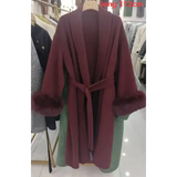 Elegant Office Lady Woolen Coat - long wine red / S