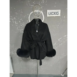 Elegant Office Lady Woolen Coat - Pure Black Short / L
