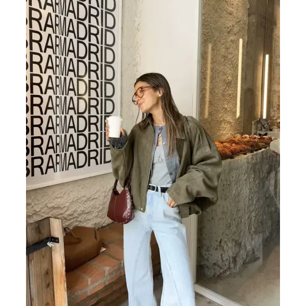 Spring Women’s Suede-Effect Loose Fit Fashion Lapel Bomber Jacket