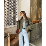 ETJ 2025 Spring new women’s suede texture effect Loose version of fashion lapel shoulder bomber jacket