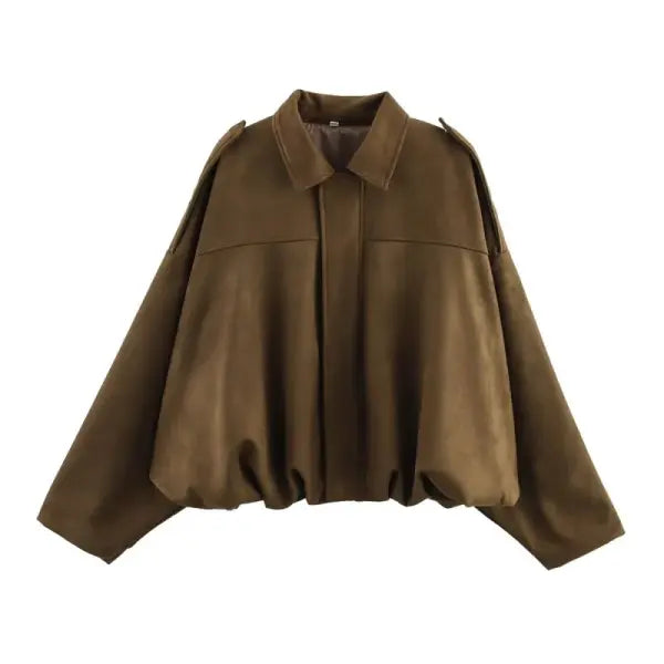 Spring Women’s Suede-Effect Loose Fit Fashion Lapel Bomber Jacket - Khaki / M