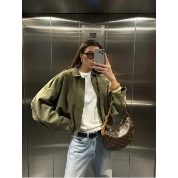 Spring Women’s Suede-Effect Loose Fit Fashion Lapel Bomber Jacket