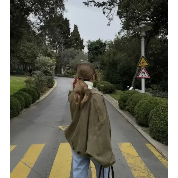 Spring Women’s Suede-Effect Loose Fit Fashion Lapel Bomber Jacket