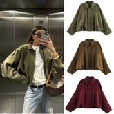 ETJ 2025 Spring new women’s suede texture effect Loose version of fashion lapel shoulder bomber jacket