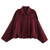Spring Women’s Suede-Effect Loose Fit Fashion Lapel Bomber Jacket - Burgundy / S