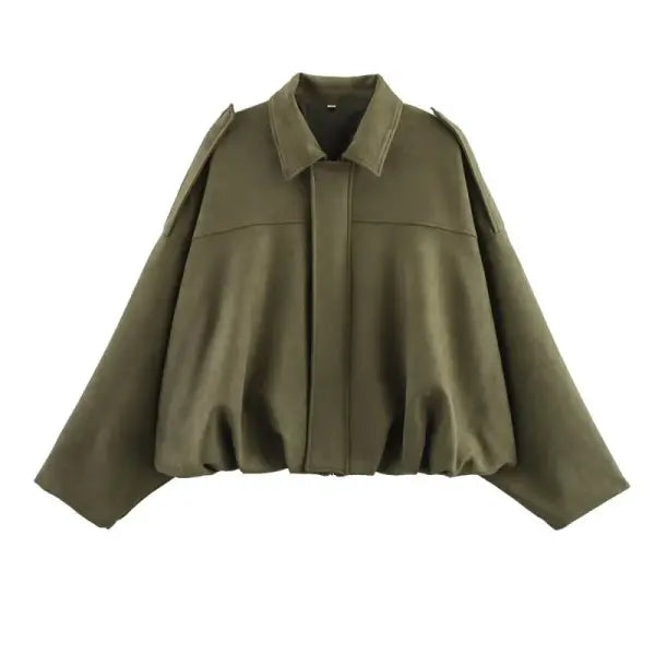 Spring Women’s Suede-Effect Loose Fit Fashion Lapel Bomber Jacket - army green / S