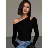 Fashion Skew Collar Off-shoulder Long-sleeved T-shirts Women Spring New Solid Slim Fit Crop Top Sexy Hollow Out Tees