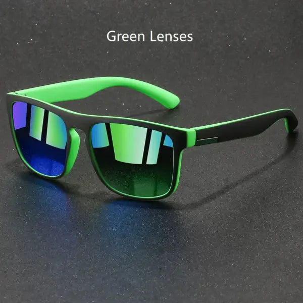 Vintage Square Sports Sunglasses with Ice Blue Fashion Lenses - Green Lenses
