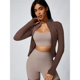 FitFemme Women’s Slim-Fit Full-Zip Quick-Dry Breathable Long-Sleeve Athletic Workout Jacket - brown / S