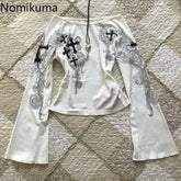 Flare Sleeve Print Woman T Shirts Slash Neck White Tees Temperament Camisetas 2025 Ropa Mujer Vintage Sexy Y2k T-shirts