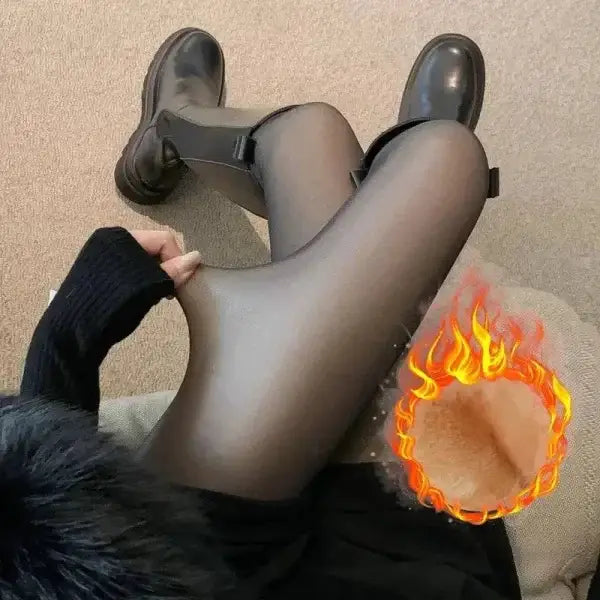 Black leather shoes paired with fleece lined thermal stockings