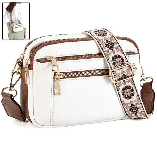Floral Embroidered Triple Zipper Crossbody Bag Colorblock Fashion Style - None