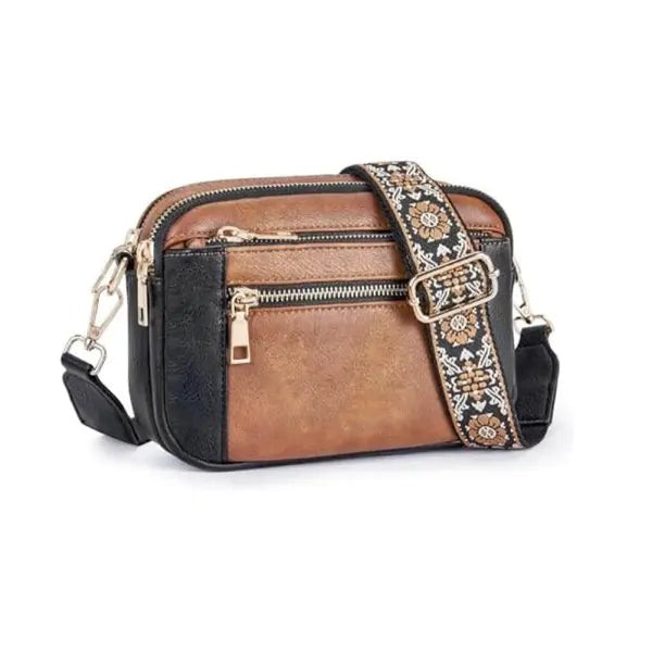 Floral Embroidered Triple Zipper Crossbody Bag Colorblock Fashion Style - Black Brown - None