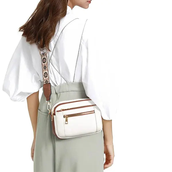 Floral Embroidered Triple Zipper Crossbody Bag Colorblock Fashion Style - None