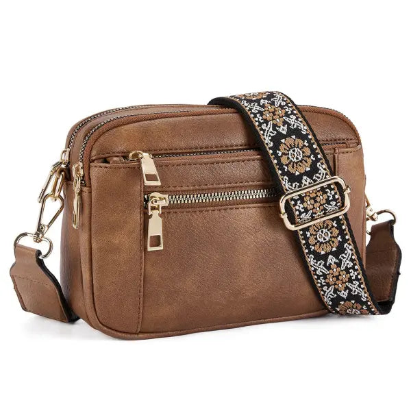 Floral Embroidered Triple Zipper Crossbody Bag Colorblock Fashion Style - Camel Brown - None