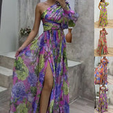 Floral Print Split Maxi Dress Fashion Sexy One-shoulder Long-sleeved Dresses Summer Beach Clothing