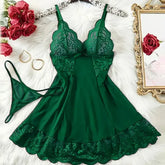 G-string Nightgown Set For Sexy Woman Summer Night Dress Ultra-thin See-through Pajama Sets Lace Sleepwear Suspender