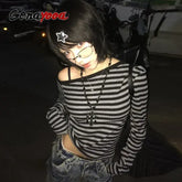 Women’s Y2K Striped Off-Shoulder Crop Top - Grunge Aesthetic Long Sleeve Streetwear Tee