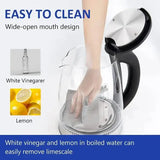 Glass electric kettle with 1.8L capacity and wide-mouth opening