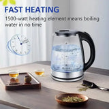1.8L glass electric kettle with blue illuminated water for efficient brewing