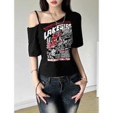 Y2K Gothic Letter Print Off-Shoulder Crop Top - Harajuku Summer Grunge Aesthetic Tee