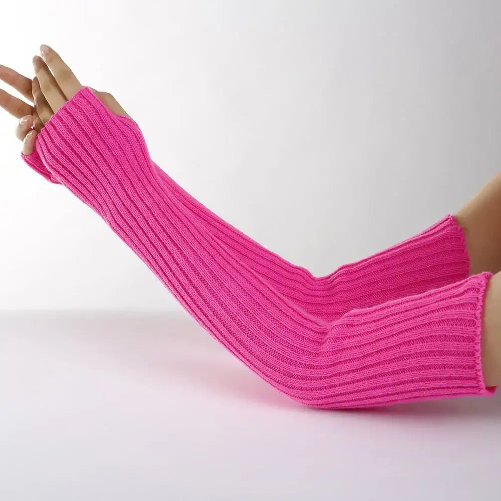Harajuku Fingerless Long Wrist Gloves – Knitted Arm Warmers Goth Punk - rose red