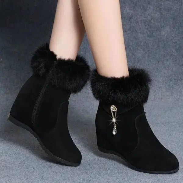 Black suede ankle snow boots with fur trim, crystal pendant, and height increasing insoles for winter boots comfort