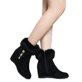 Black suede ankle snow boots with fur trim, height increasing insoles
