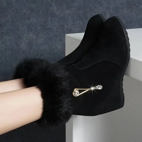 Black suede platform snow boot with fur trim, crystal pin, and height increasing insoles for winter boots comfort