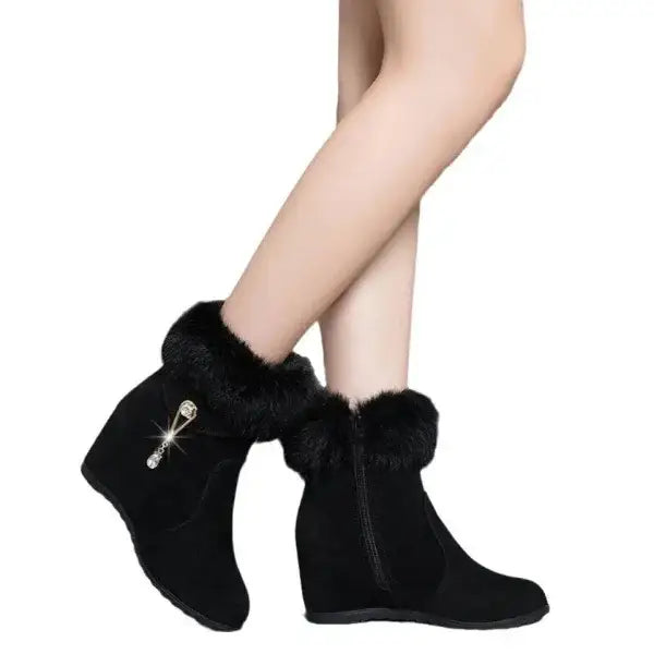 Black suede ankle snow boots with fur trim, zipper, and height increasing insoles