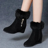 Black suede ankle snow boots with fur trim, bow detail, height increasing insoles