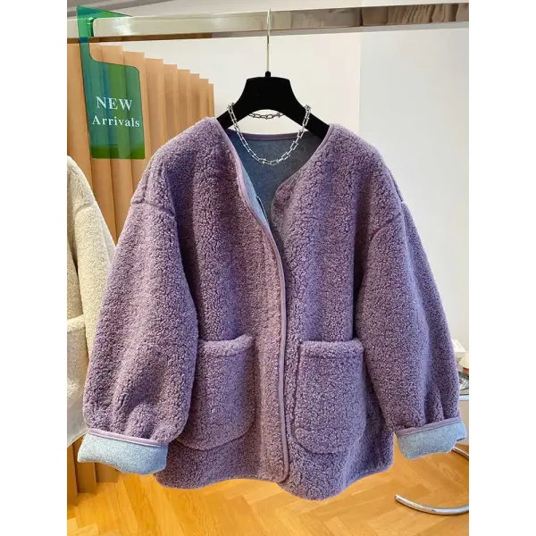 Women’s Lamb Wool Jacket – Loose Warm Velvet Coat with Pockets M–3XL - PURPLE / L / CHINA