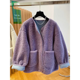 Women’s Lamb Wool Jacket – Loose Warm Velvet Coat with Pockets M–3XL - PURPLE / L / CHINA