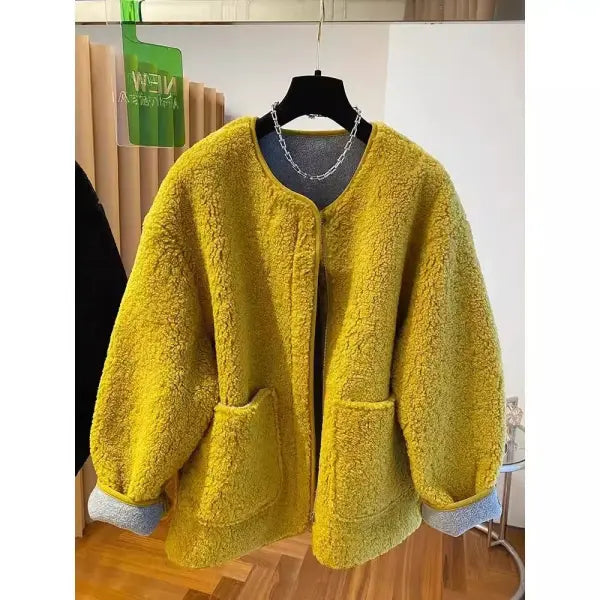 Women’s Lamb Wool Jacket – Loose Warm Velvet Coat with Pockets M–3XL - Yellow / XXL / CHINA