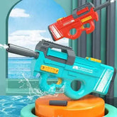 Turquoise and red high-tech electric water guns on orange platform