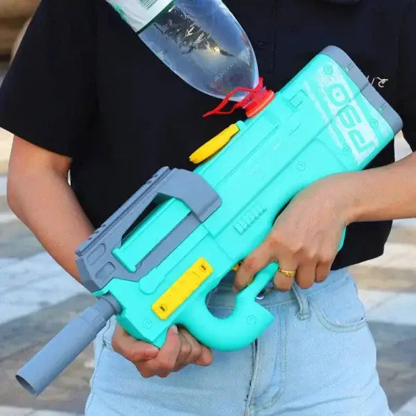 High-tech electric water gun in turquoise with gray and yellow accents