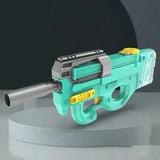 Turquoise and silver high-tech electric water gun with yellow accents