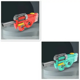 Futuristic red and turquoise high-tech electric water gun for summer fun