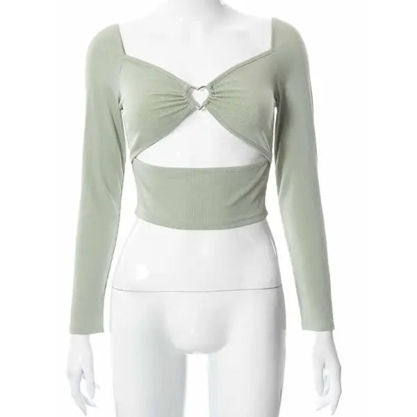 V-Neck High-Stretch Polyester Long Sleeve Crop Tops for Spring