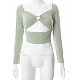 V-Neck High-Stretch Polyester Long Sleeve Crop Tops for Spring