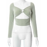 V-Neck High-Stretch Polyester Long Sleeve Crop Tops for Spring