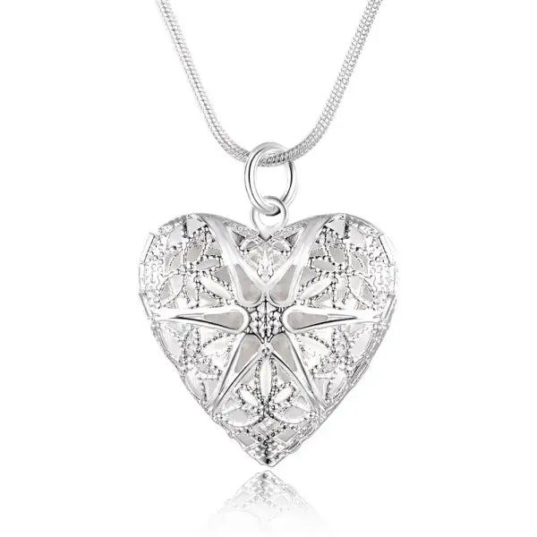 Sterling Silver Heart Photo Frame Pendant Necklace with Rope Chain