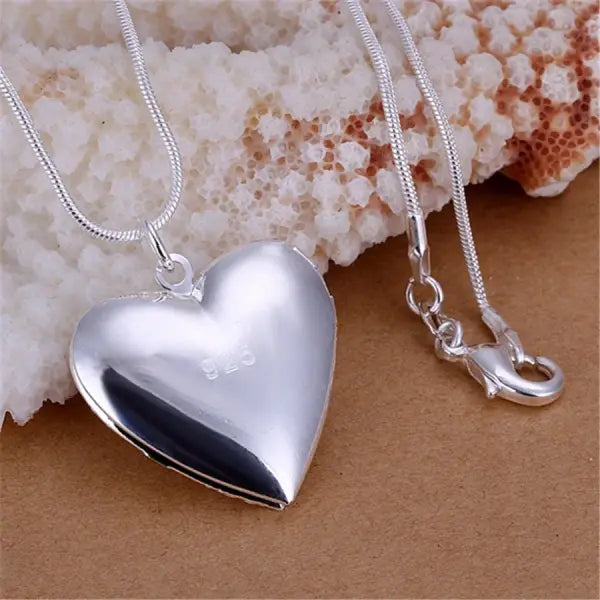 Sterling Silver Heart Photo Frame Pendant Necklace with Rope Chain