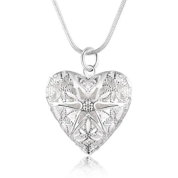 Sterling Silver Heart Photo Frame Pendant Necklace with Rope Chain