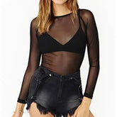 Women’s Sexy Black Mesh Long Sleeve Top - Transparent Sheer Punk Streetwear - See Through Club & Beach Cover Up