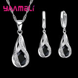 Hot Water Drop CZ 925 Sterling Silver Plated Jewelry Set For Women Pendant Necklace Hoop Earrings Wedding Party
