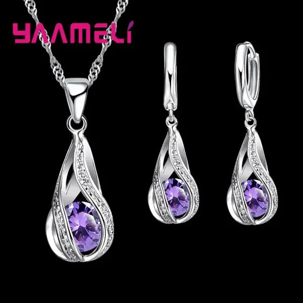 Hot Water Drop CZ 925 Sterling Silver Plated Jewelry Set For Women Pendant Necklace Hoop Earrings Wedding Party